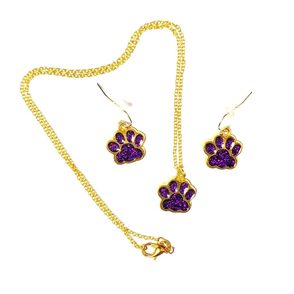 Purple Paw Sparkly Gold Plated Earrings & Necklace Set NWT